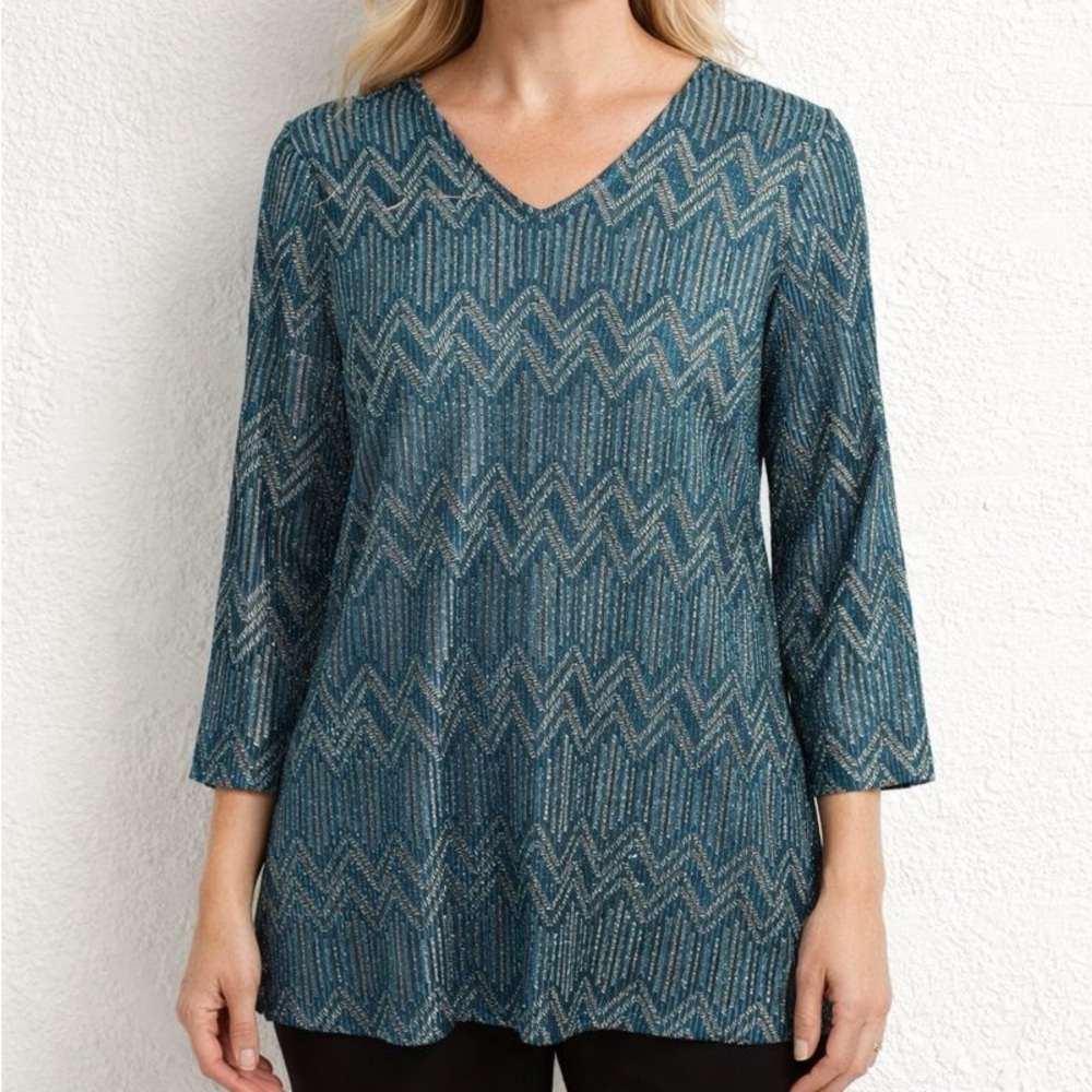 Chicos Top Womens 1 US Medium Teal Jazlyn Chevron Foil 3/4 Sleeve Lined
